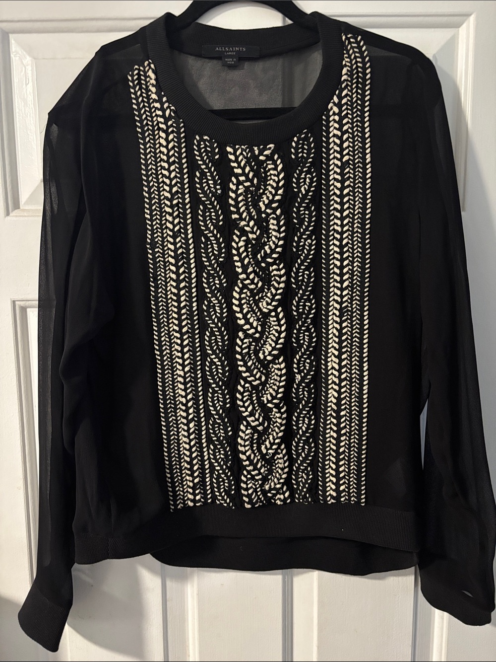 AllSaints Black Long-Sleeve Sheer Top with Cream Braided Front